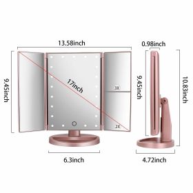 Desktop LED Makeup Three-sided Folding Mirror 2X3X Magnifying Makeup Mirror Dressing Table Mirror Three-fold Mirror With Light - Rose gold