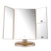 Desktop LED Makeup Three-sided Folding Mirror 2X3X Magnifying Makeup Mirror Dressing Table Mirror Three-fold Mirror With Light - champagne gold