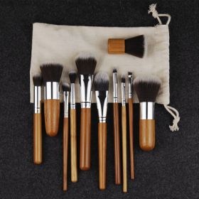 11 Pcs Bamboo Handle Makeup Brushes Beauty Tools Set - A