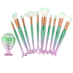 11Pcs Mermaid Makeup Brush Face Eyebrow Lip Eyeliner Brush Green Gold Tool Set - default